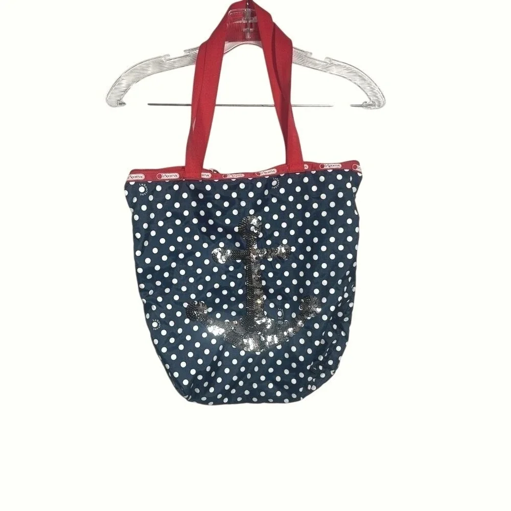 LeSportsac Tote Bag‎ Polka Dots Anchor Sequins Navy Red White Beach Nautical Zip